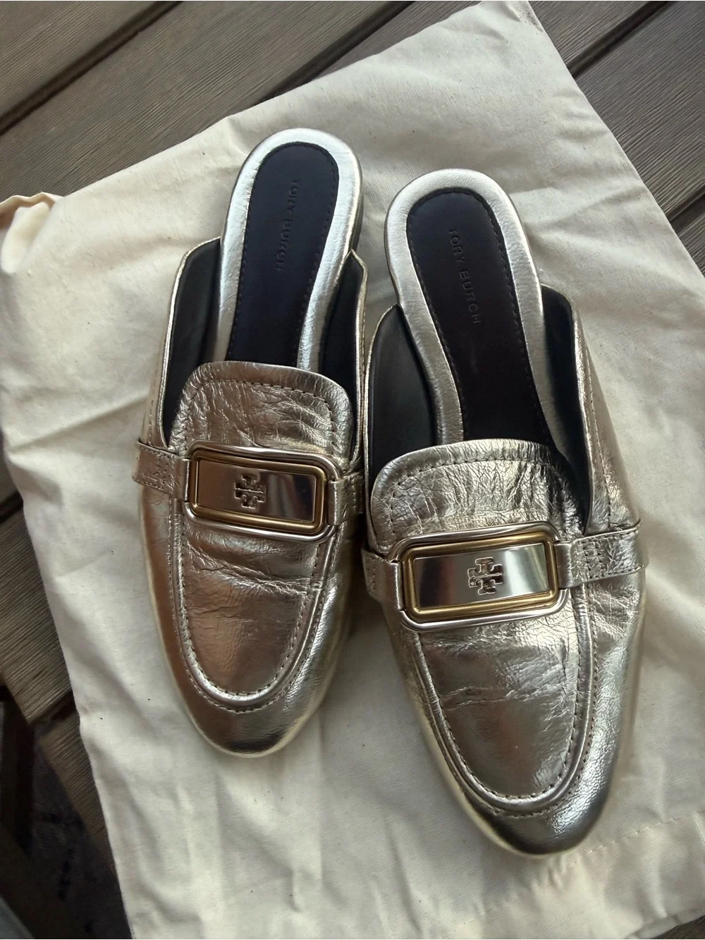 Tory Burch Ines Platform Espadrille Mule Loafers Metallic Gold Leather Size 7